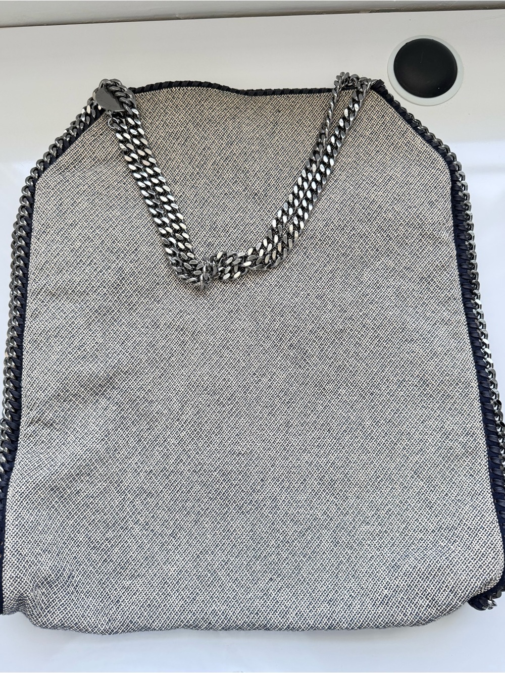 Stella McCartney Falabella Canvas Tote Bag Gray/Navy | Chain Trim | Authentic